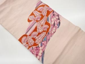 手織り紬手描き花々に抽象模様名古屋帯